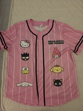 Sanrio Pink Striped Button-up  Women's Jersey with Character Print Hello KittyXL